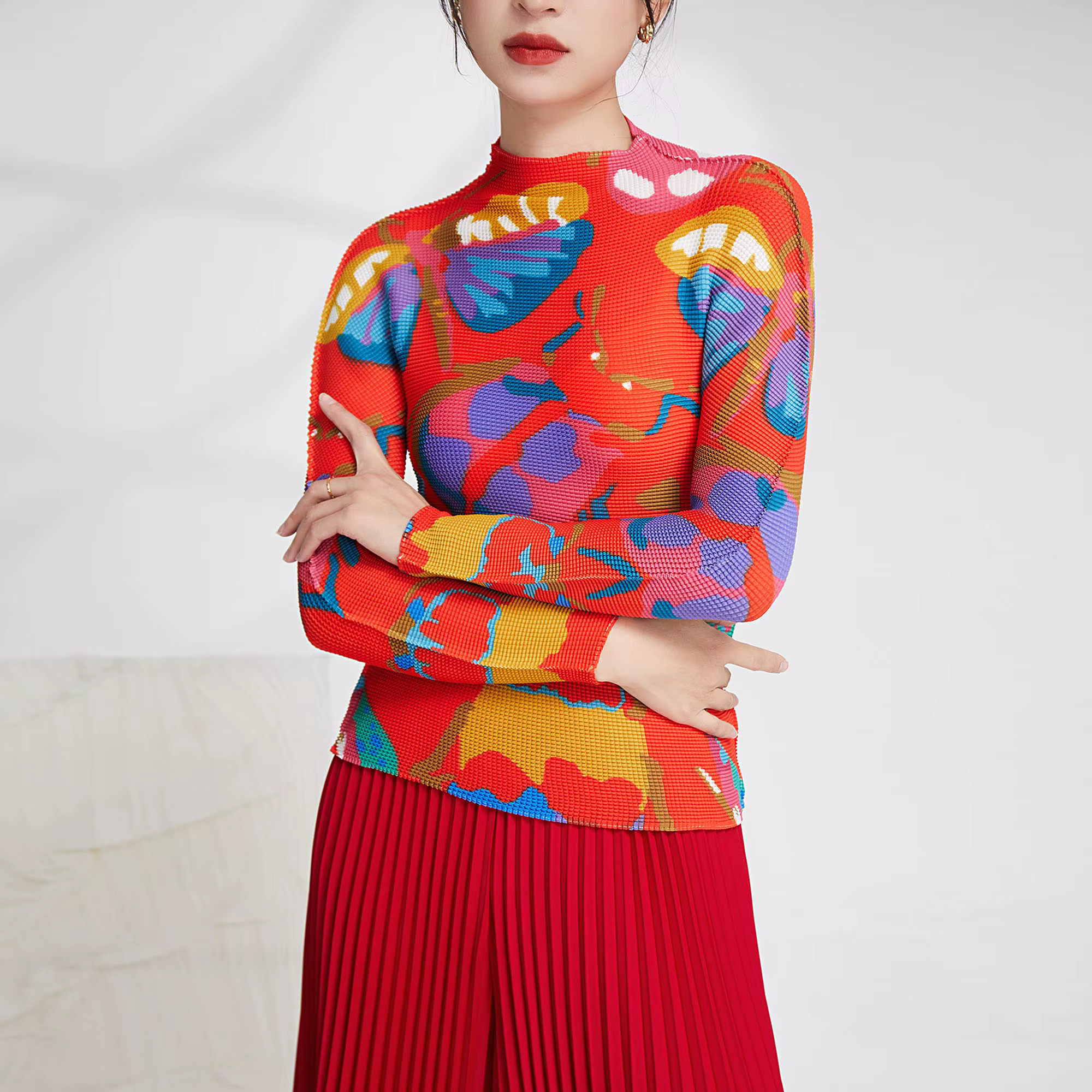AliExpress vente chaude plissé artisanat haut femmes mode imprimé Blouse élastique à manches longues