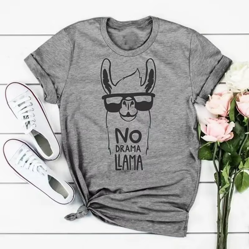 Pas de drame lama alpaga imprimé t-shirt femmes à manches courtes col rond t-shirt ample été femmes