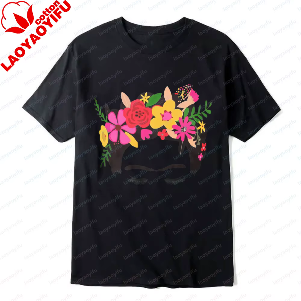 T-shirt graphique Frida Kahlo avec couronne florale pour femme, imprimé culturel mexicain, tee-shirt