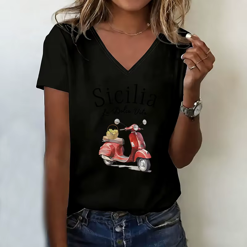 La Dolce Vita T-shirt col en V décontracté à la mode pour femmes, T-shirt à manches courtes, col en