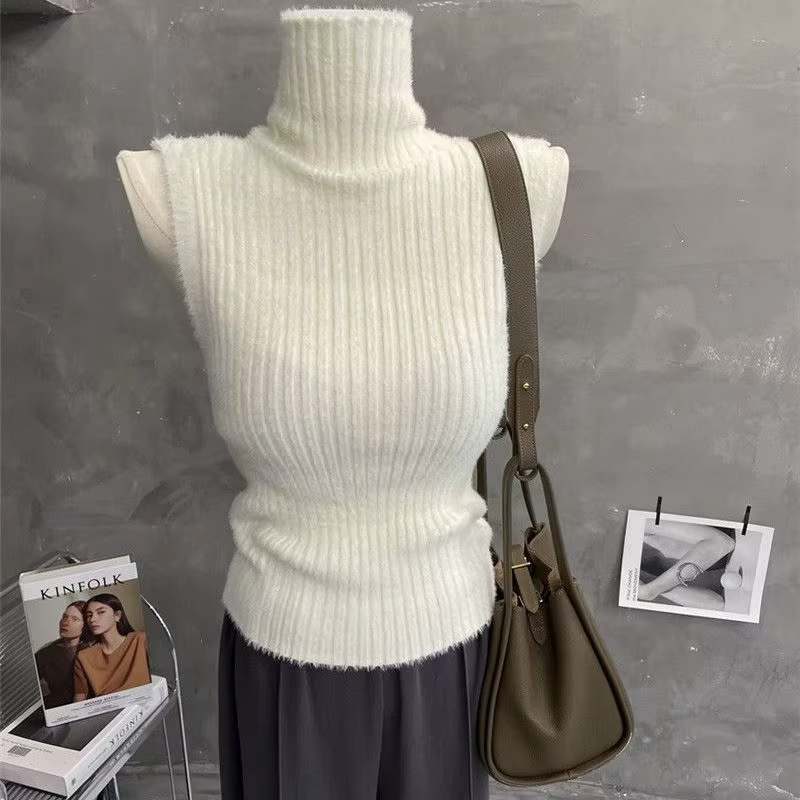 Pull gilet sans manches à col haut, Camisole pour femmes, couche intérieure chaude d'automne et d'hi