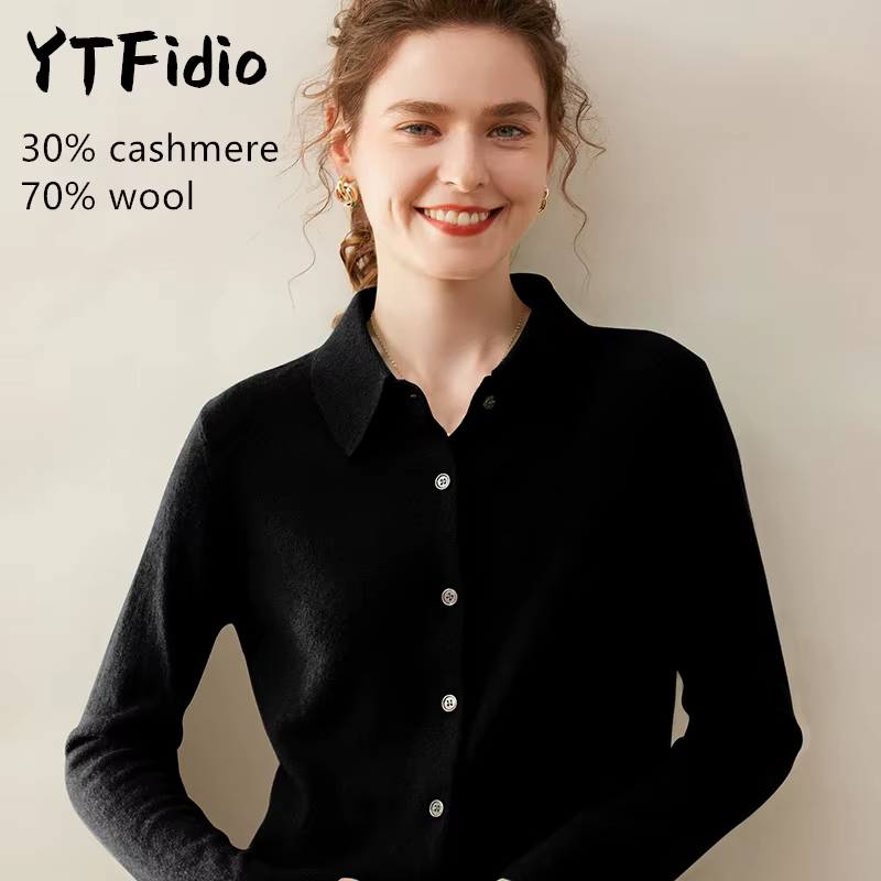 YTFidio cachemire laine mérinos pull femmes col POL à manches longues haut de luxe vêtements de créa