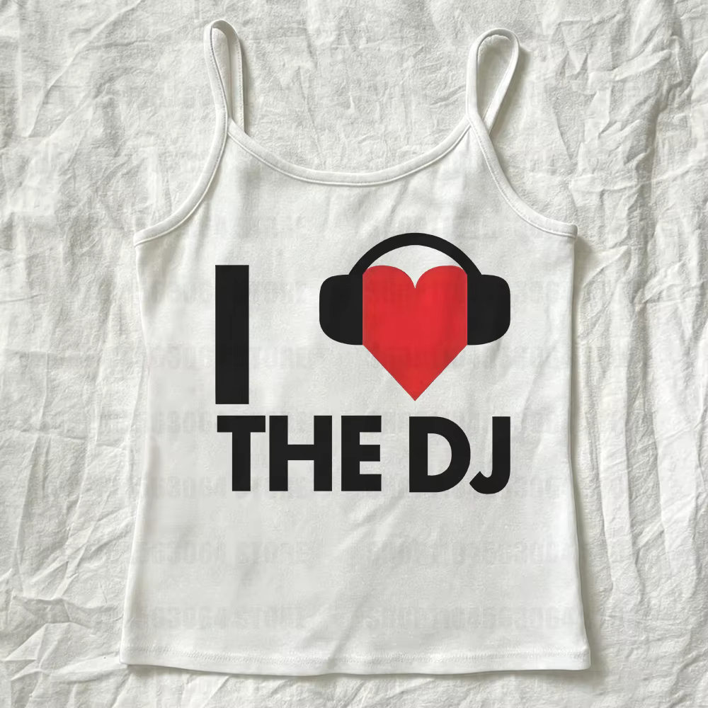 T-shirt blanc imprimé « I Love DJ », T-shirt Y2K style streetwear, haut décontracté esthétique music