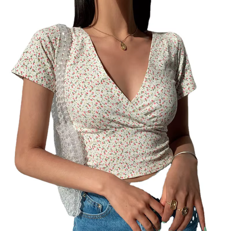 T-shirt Manches Courtes Col V pour Femme, Haut Français Rétro Floral, Slim, Amincissant, Sauvage, Ét