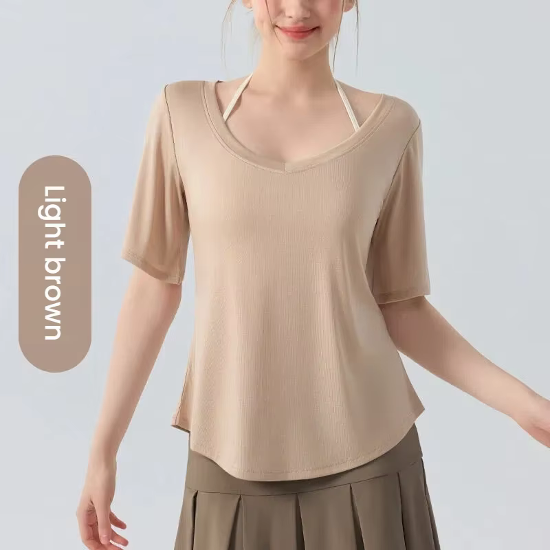 T-shirt de yoga pour femmes, manches courtes, col en V, coupe ample, respirant, léger, hauts d'été p