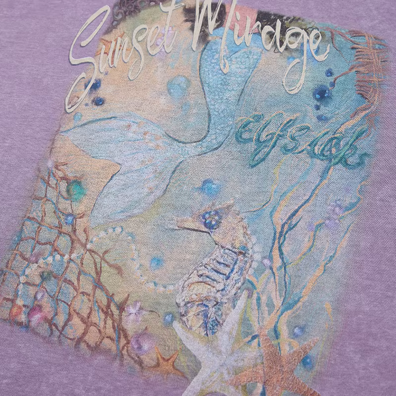 ELFSACK T-shirt surdimensionné à imprimé sirène pour femme, tee-shirt violet délavé vintage avec mot