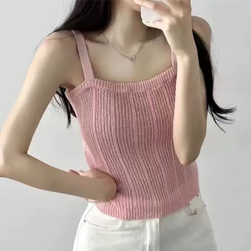 Haut caraco tricoté pour femmes et adolescentes, débardeur Pastel sans manches à bretelles, mode cor