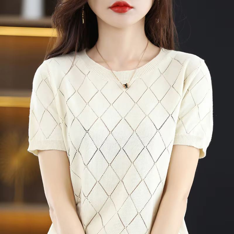 T-shirt à manches courtes et col rond pour femme, pull fin, 100% coton, pull creux en diamant, t-shi