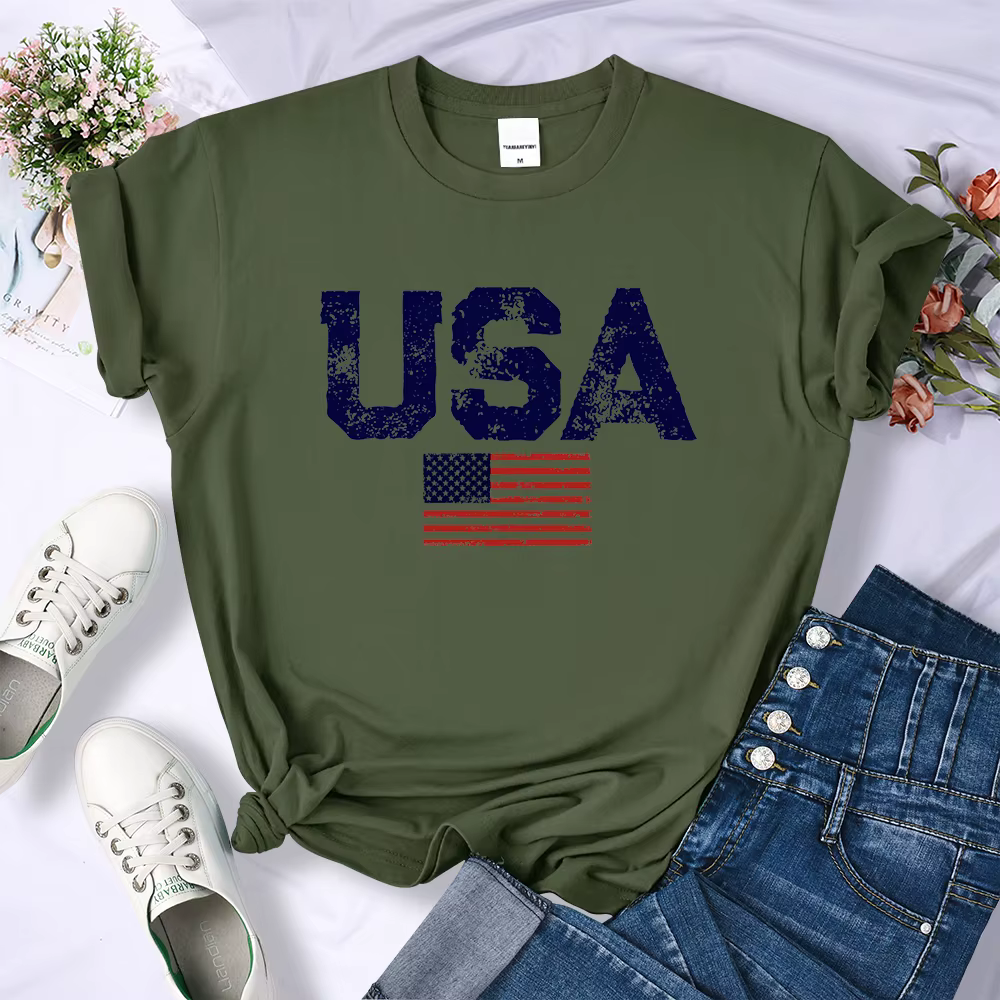 T-shirt à col rond pour femmes, lettres américaines, sensation d'étoiles et de rayures, t-shirts rét