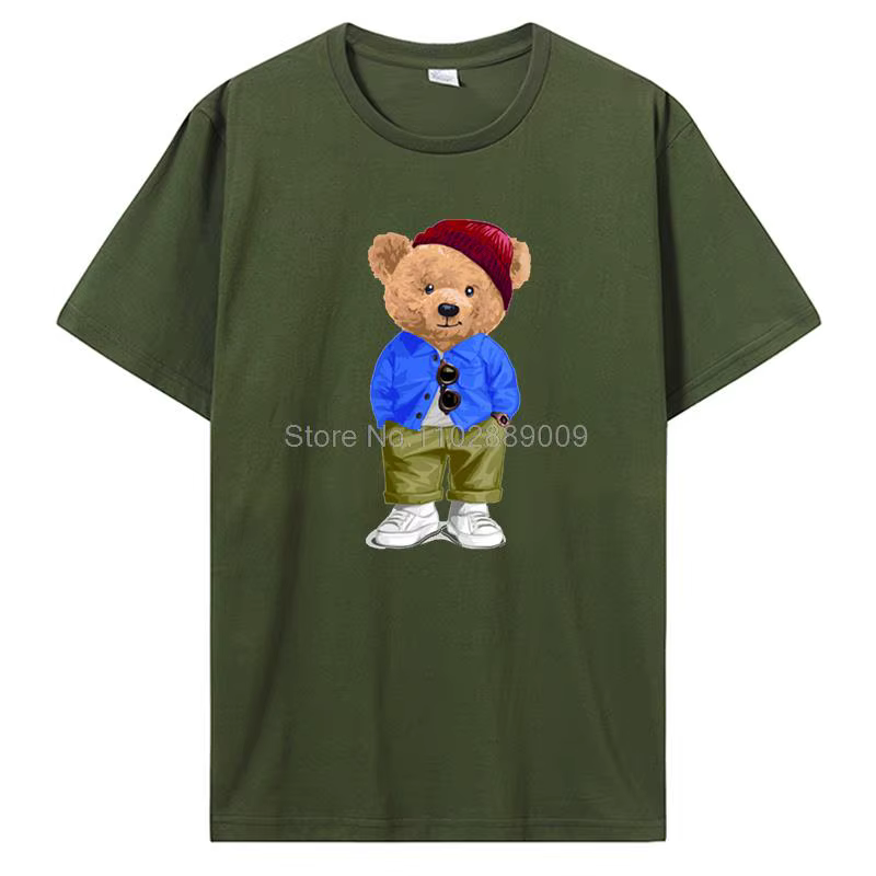 T-shirt ours en peluche jouant au badminton pour hommes, chemise Kawaii, streetwear en coton, vêteme
