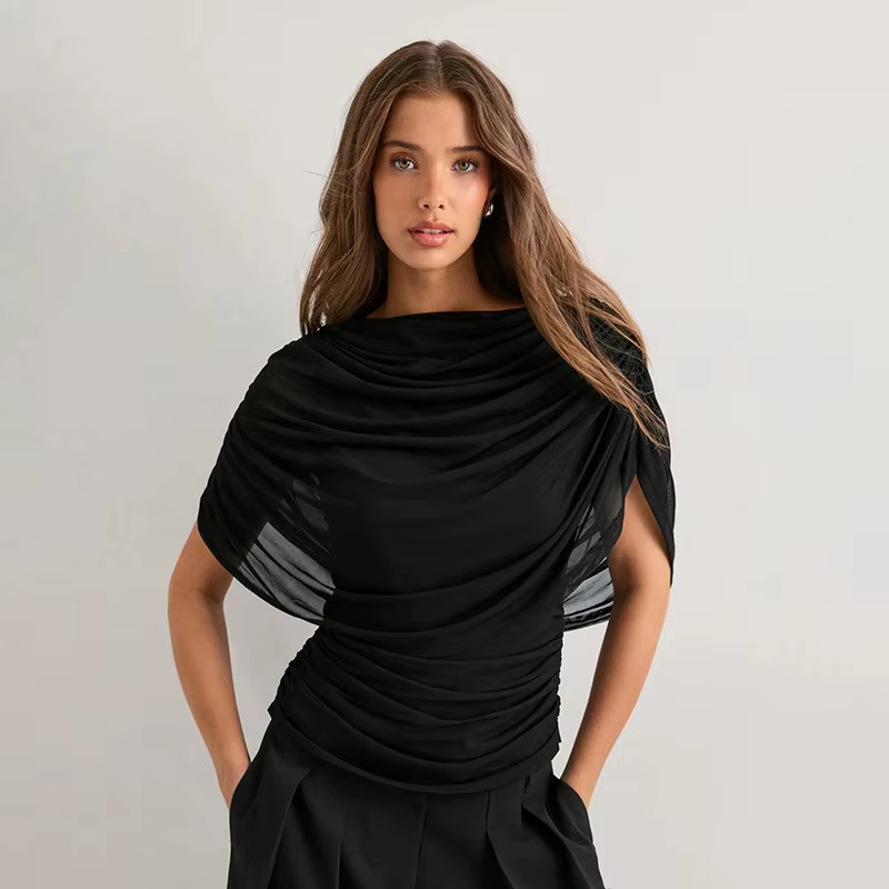Haut élégant drapé à col bénitier en maille, manches courtes, coupe ajustée, sexy, style 'Hot Girl',