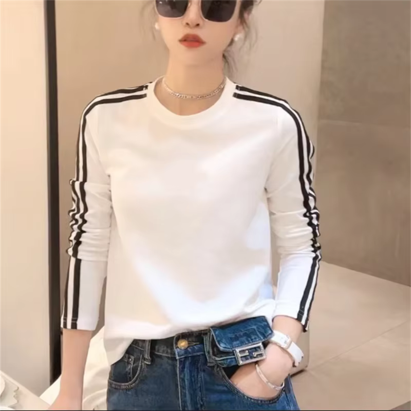 Simplicité femmes T-shirt mince T-shirt mode bas haut rayure Blous col rond à manches longues femme 