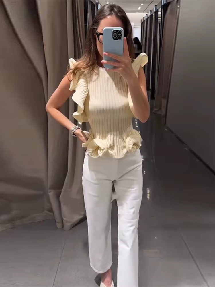 Hauts pour femmes en maille à volants sans manches, ajustés à la taille, col rond, couleur unie, tri