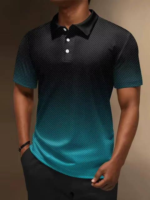 Polo homme tendance décontracté 2026 – Polo imprimé 3D à rayures dégradées, col à revers, manches co