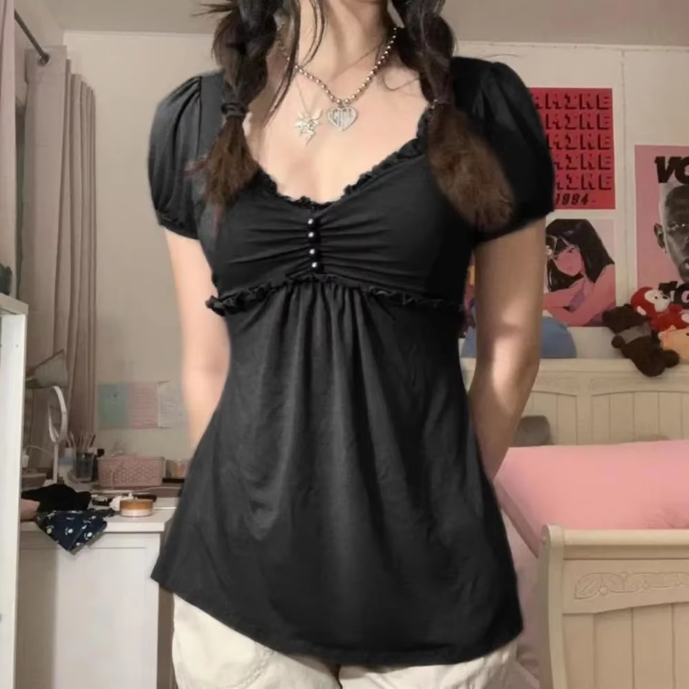 T-shirt à volants pour femmes, mode d'été, décor de perles, hauts col en v, manches courtes bouffant