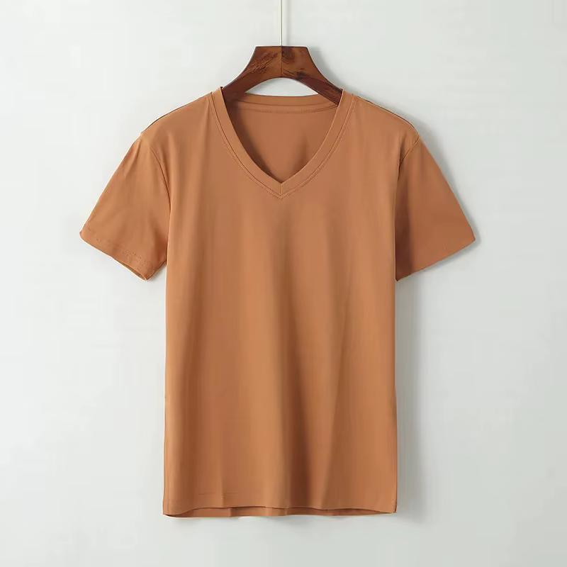T-shirt Femme en Pur Coton à Manches Courtes, Coton Brillant 80, Coupe Ajustée, Col en V, Col Rond, 