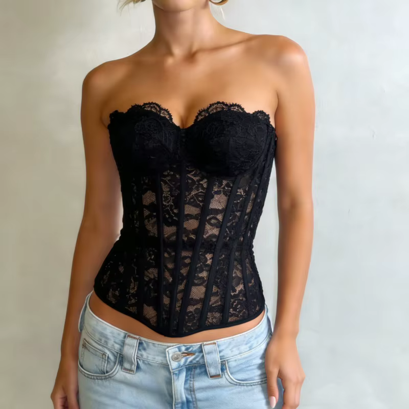 Haut corset en dentelle florale pour femme, bustier tube sans bretelles, épaules dénudées, à lacets,