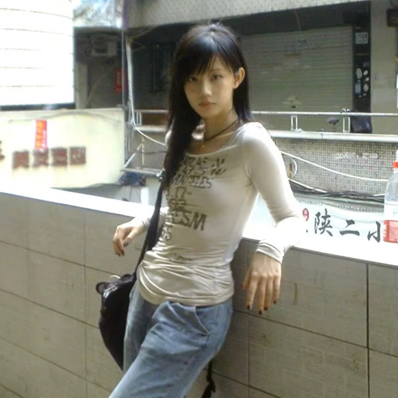 T-shirt à manches longues avec lettre imprimée japonaise, Streetwear rétro américain, Style des anné