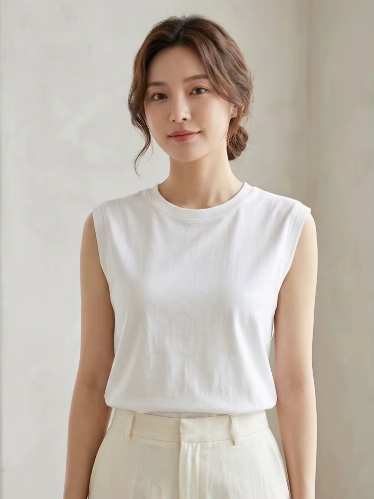Débardeur Femme Été 2026 en Coton Col Rond Sans Manches Couleur Unie avec Poignets Côtelés Coupe Amp