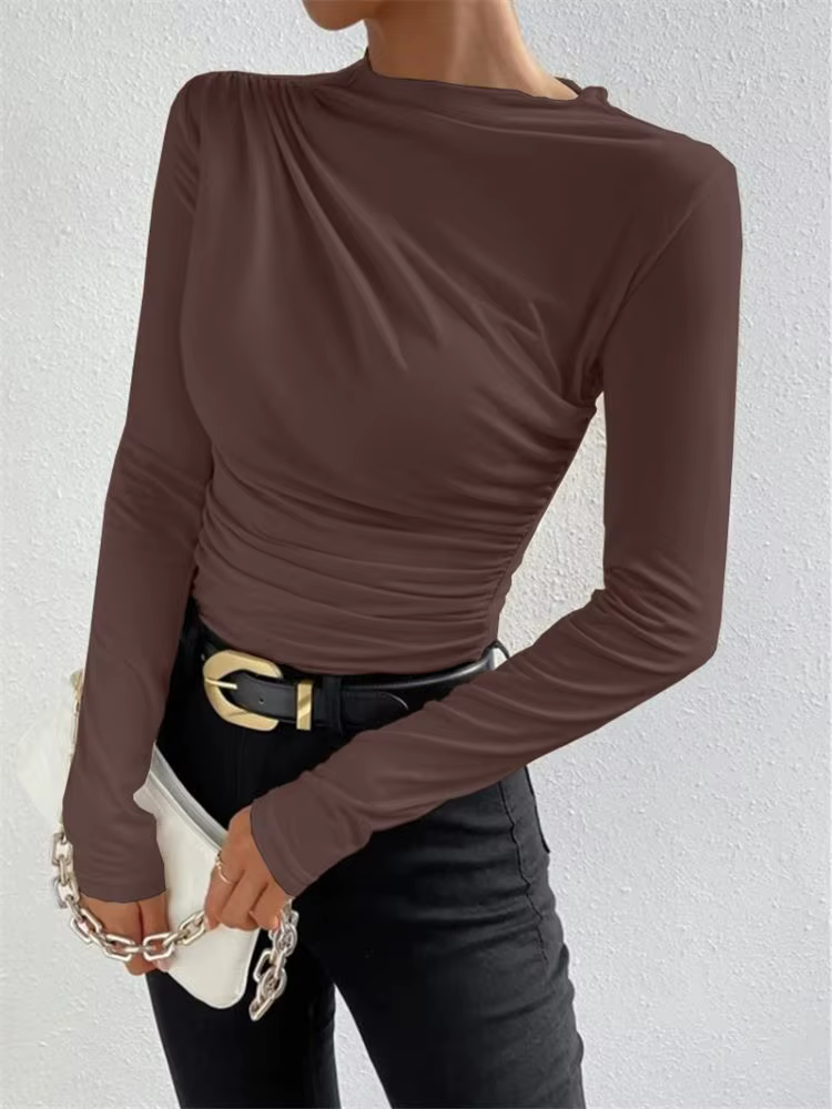 Haut à manches longues blanc T-Shirts femmes basique haut court automne Pollover solide col incliné
