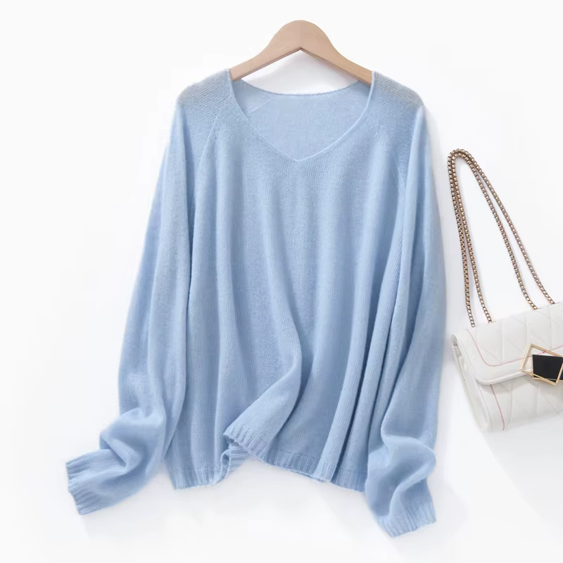 Pull-over ample en soie et cachemire à col en V pour femme, tricoté, manches longues, style coréen, 