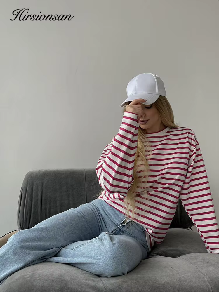 Hirsionsan – t-shirt rayé à manches longues pour femmes, 2023 coton, surdimensionné, décontracté, Ch