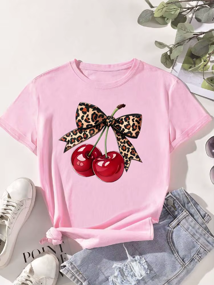 Mode cerise imprimé femmes T-Shirt à manches courtes col rond décontracté hauts pour l'été printemps
