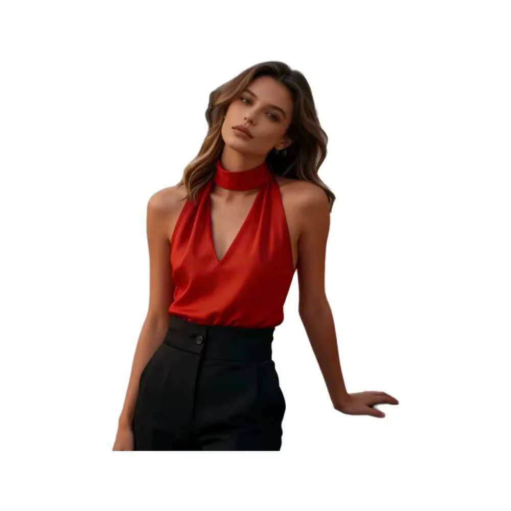 Haut Halter pour Femme en Satin Uni, Col Halter et Col en V, Ajusté, Élégant, Chic, Léger, Printemps