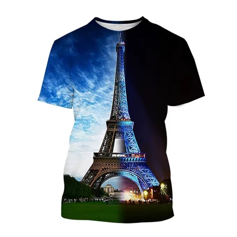 T-shirt Manches Courtes pour Homme et Femme, Estival et Décontracté, Imprimé en 3D, Tour Eiffel, Fra