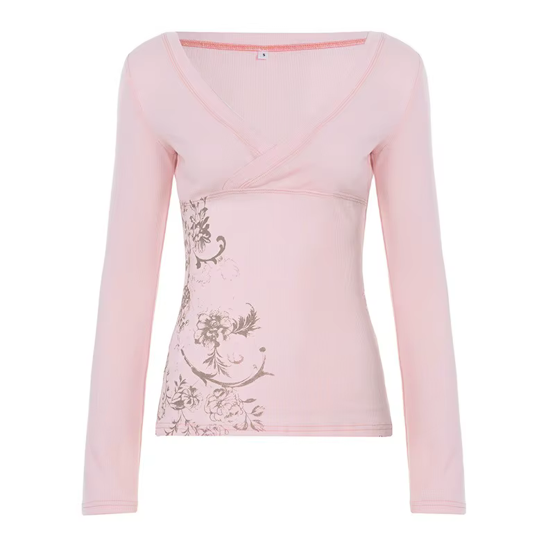 T-shirt femme à imprimé floral rose, style Y2K, col en V, manches longues, hauts décontractés d'auto