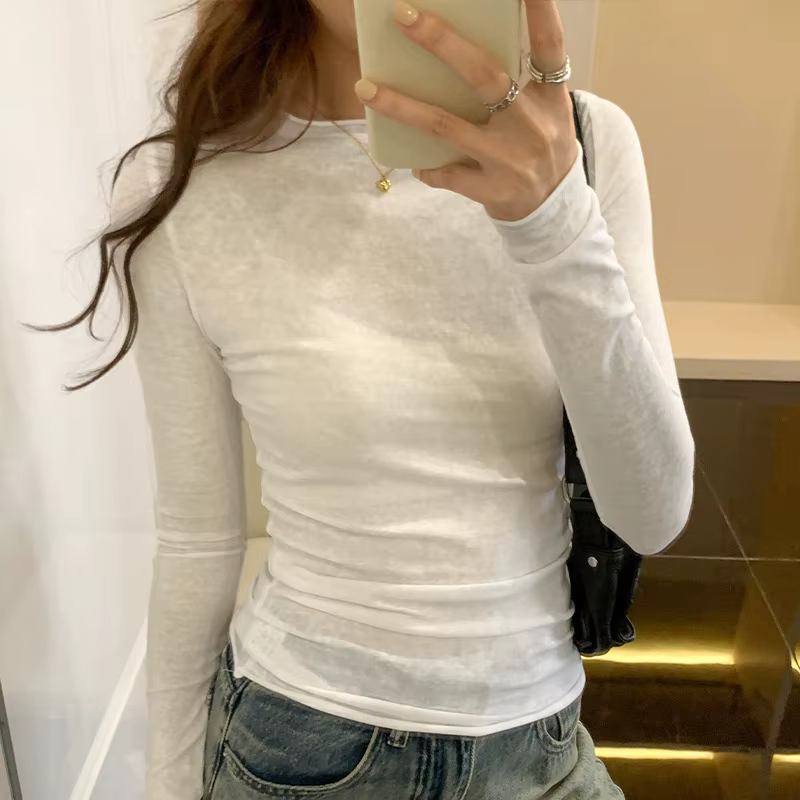 2025 printemps automne t-shirt haut pour femme solide coupe ajustée à manches longues col rond t-shi