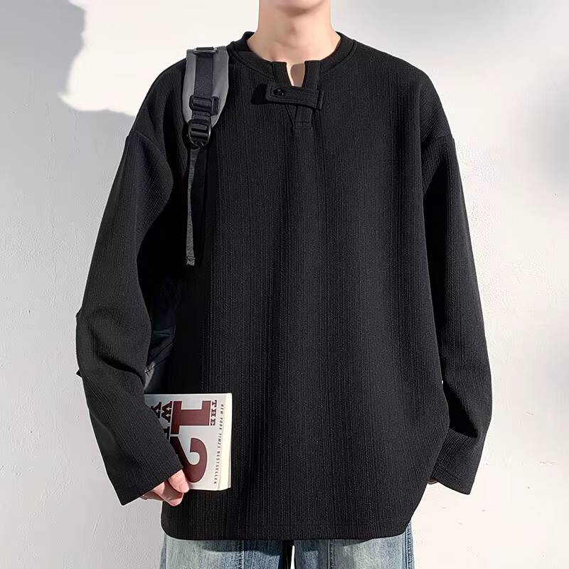 T-Shirt à manches longues et col en v pour hommes, texturé, coupe ample, décontracté, confortable, t
