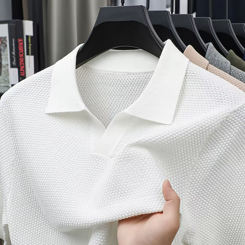 Polo en coton tricoté 100 % pour homme – Col en V à manches courtes, respirant et anti-humidité, cou
