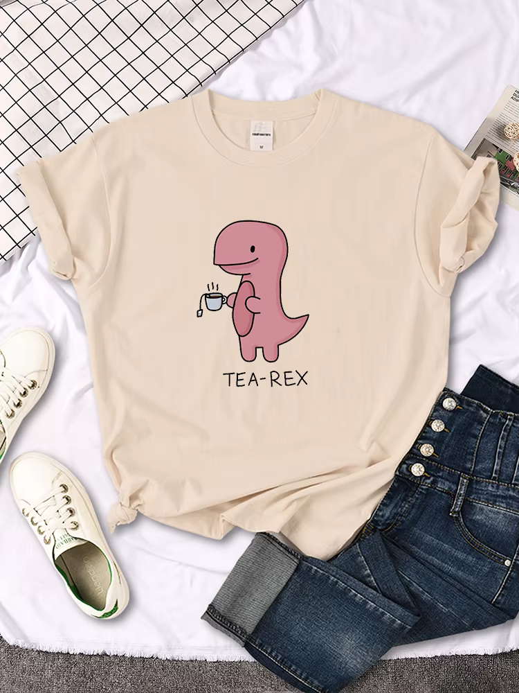 T-shirt imprimé Tea-Rex rose mignon pour femme, col rond, chemise surdimensionnée adt, Harajuku, tou