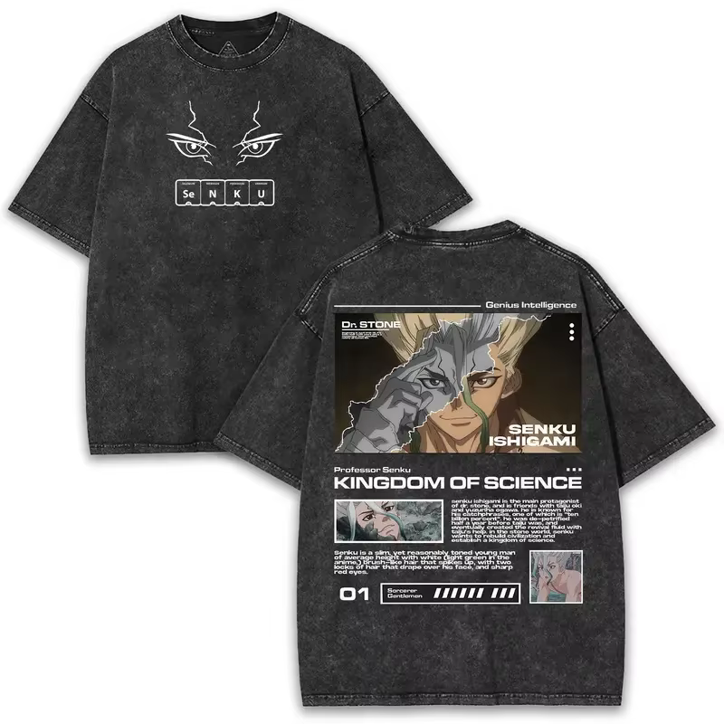 Nouveau Ishigami Senku T-shirt graphique Dr. Stone Anime Vintage lavé surdimensionné T-shirt hommes