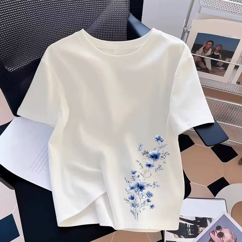 Soldes d'été : T-shirt femme en coton décontracté à col rond et manches courtes, imprimé floral, con