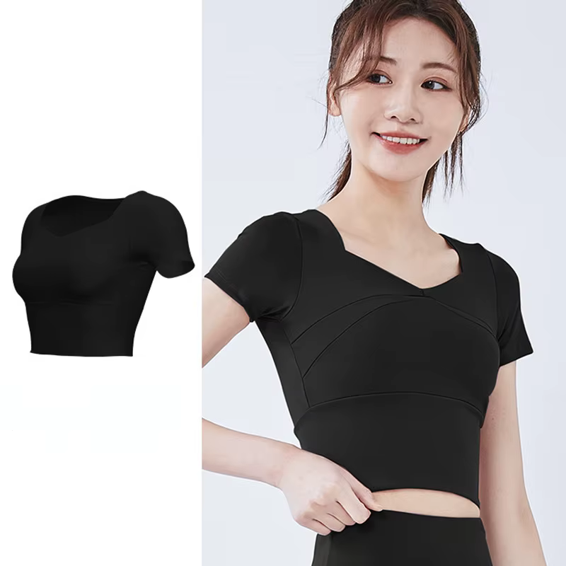 T-shirt Manches Courtes pour Femme, Slim, Solide, avec Coussinets de Poitrine, Yoga, Gym, Entraîneme