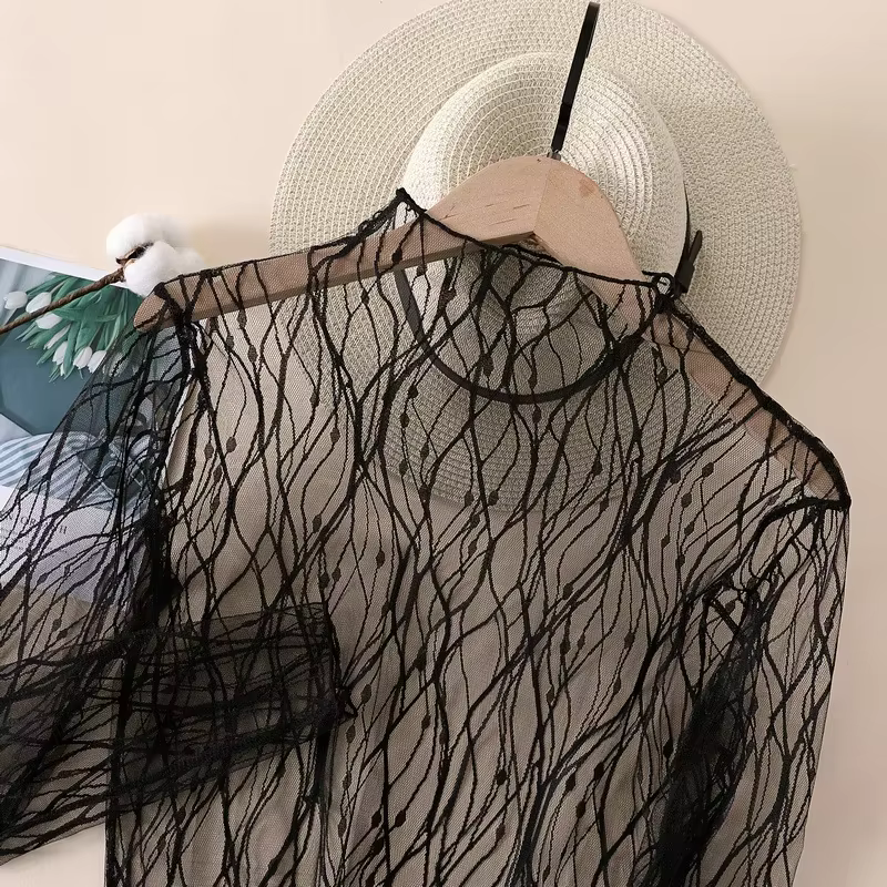 T-shirt en dentelle élégant pour femmes, hauts à manches longues en maille, Sexy, Transparent, col h