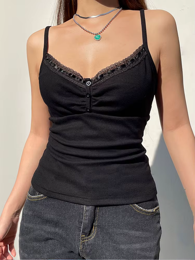 Haut court sans manches avec boutons pliables, Sexy, noir, Vintage, Y2K, Corset, T-shirt basique déc