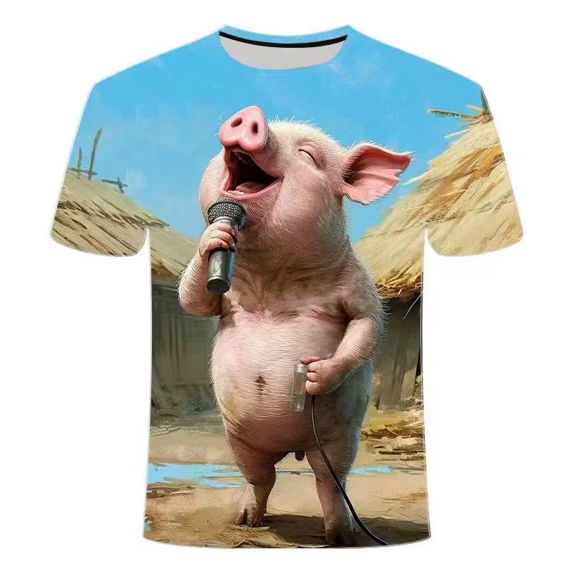 T-shirt drôle avec cochon chantant pour hommes, vêtements à manches courtes, col rond, imprimé en 3D