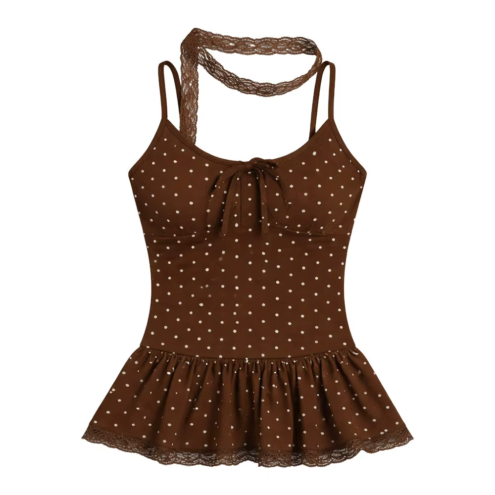 Nouvelle Camisole à Pois avec Nœud, Dentelle et Ruban, Débardeur Col V Ajusté et Sexy
