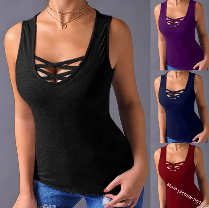T-Shirt à Base serrée sans manches pour femmes, croisé sur la poitrine, Sexy, portefeuille, Style dé