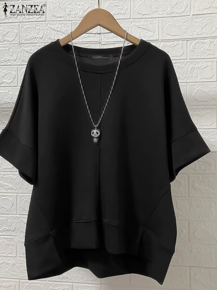ZANZEA Streetwear ourlet asymétrique T-Shirts femmes décontracté col rond demi manches Patchwork T-S