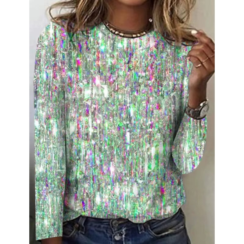 T-shirt manches longues col rond femme, estival et décontracté, à la mode, avec paillettes imprimées