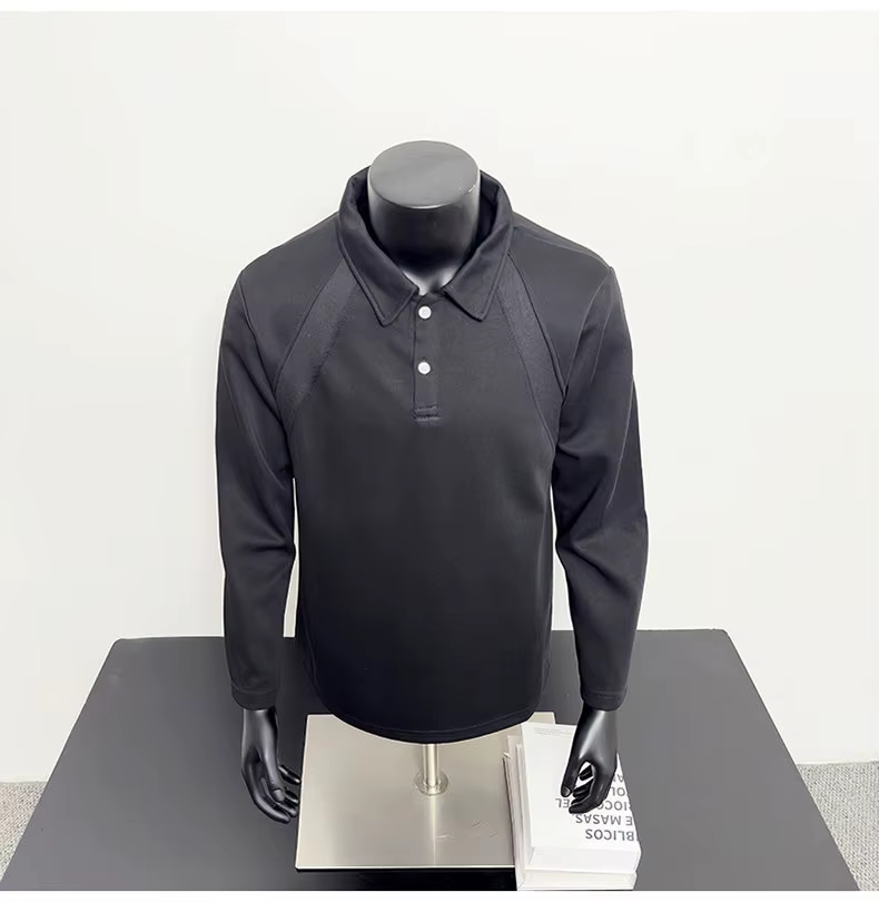 POLO américain décontracté pour hommes, couleur unie, revers, polyvalent, ample, manches longues, pu