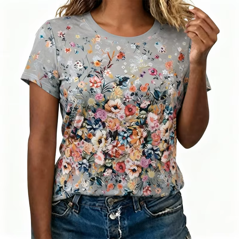 T-shirt pour femmes grandes tailles, imprimé floral vintage, col rond, manches courtes, élégant, sim