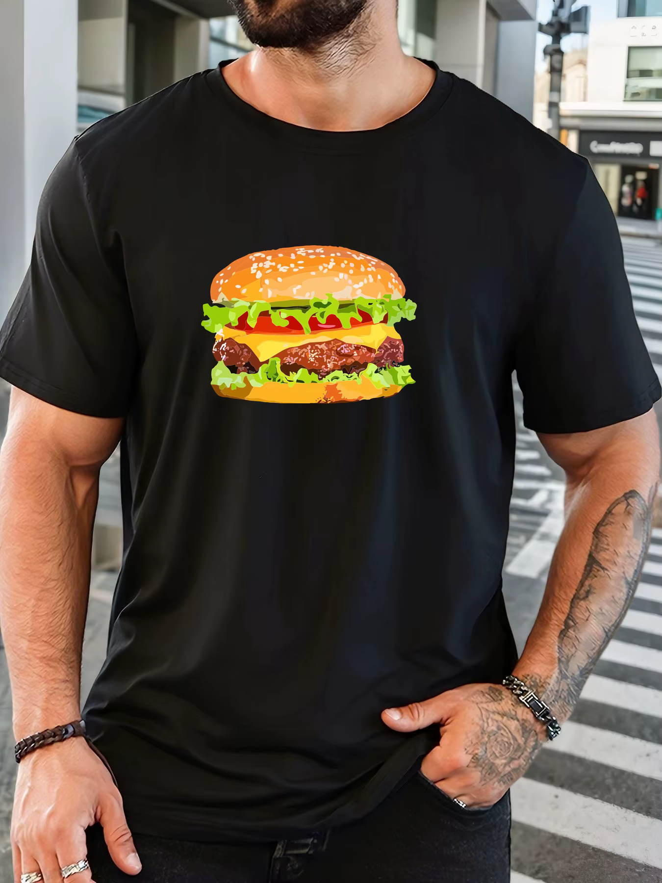 T-shirt court d'été décontracté à col rond pour hommes à motif hamburger