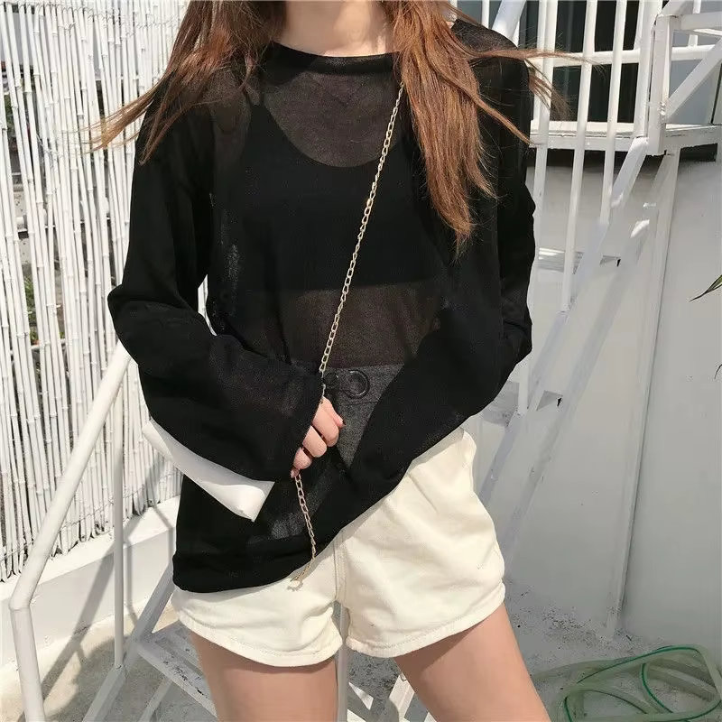 Femmes surdimensionné T-shirt printemps été col rond décontracté mode ample mince à manches longues 