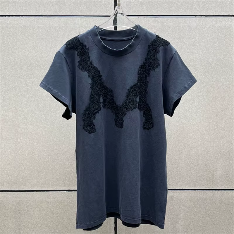 T-shirt pour femme, nouveau pull à col rond brodé de dentelle pour l'été 2026, haut à manches courte