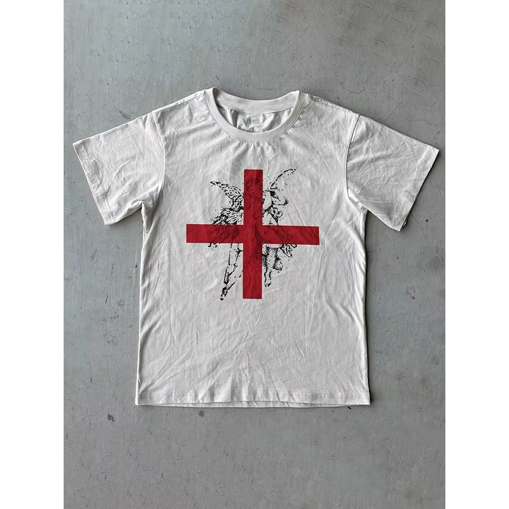 T-shirt imprimé croix rouge de la subculture gothique sombre pour hommes, nouveau style d'été adapté